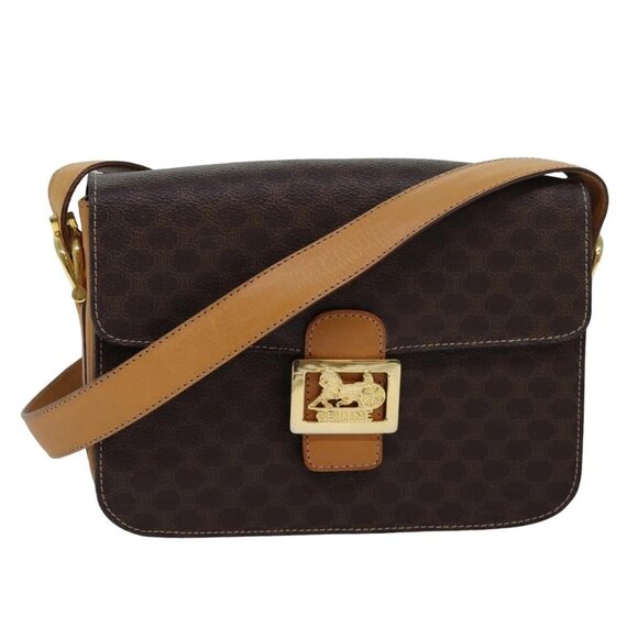 CELINE Macadam Canvas Shoulder Bag PVC Leather Brown Auth - Picture 1 of 16